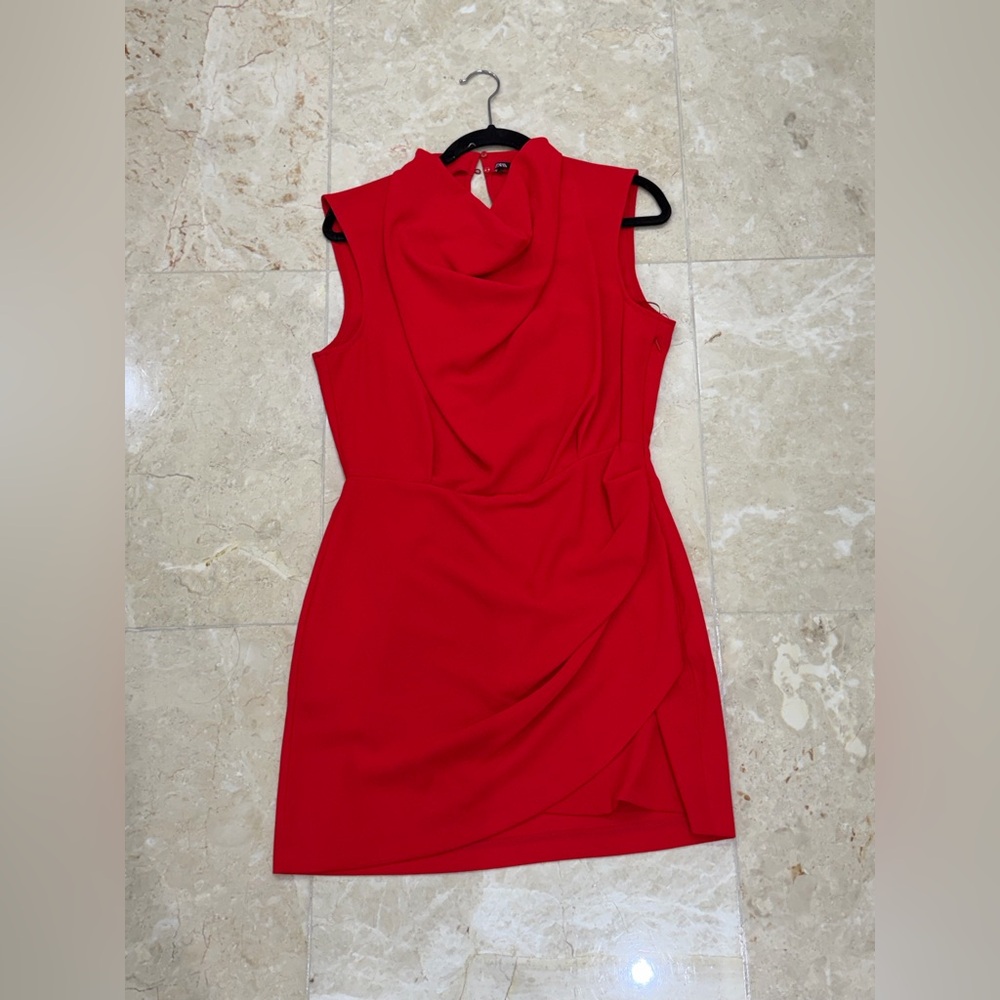 Zara Red Sleeveless Draped Neck Women's Dress